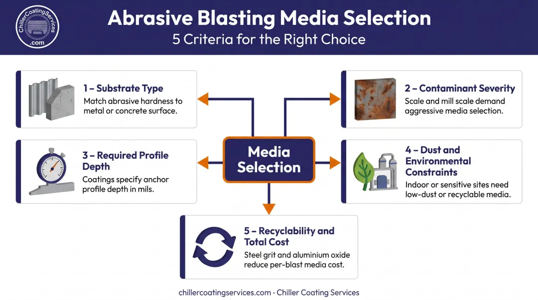 Five criteria abrasive blasting media selection decision framework infographic
