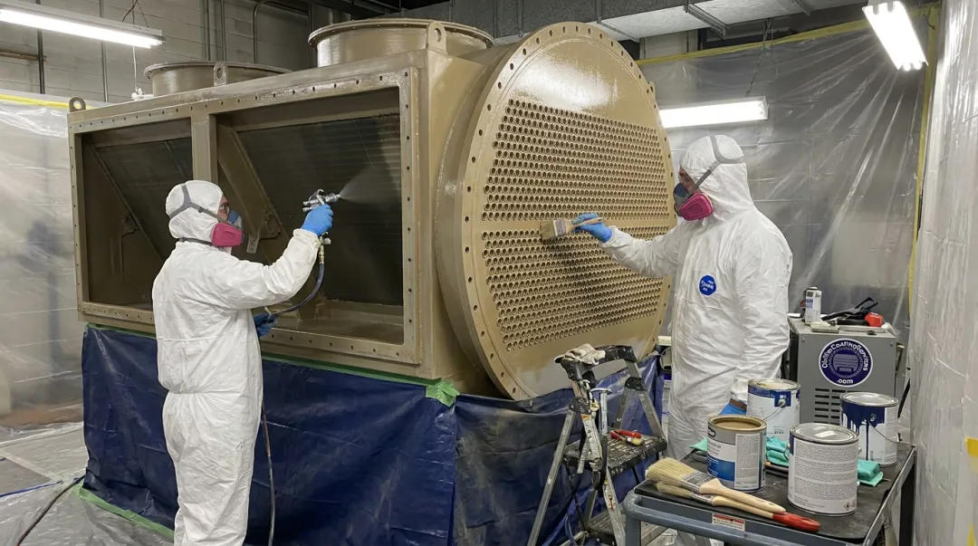 Chiller tube sheet restoration process showing abrasive blasting and epoxy coating application
