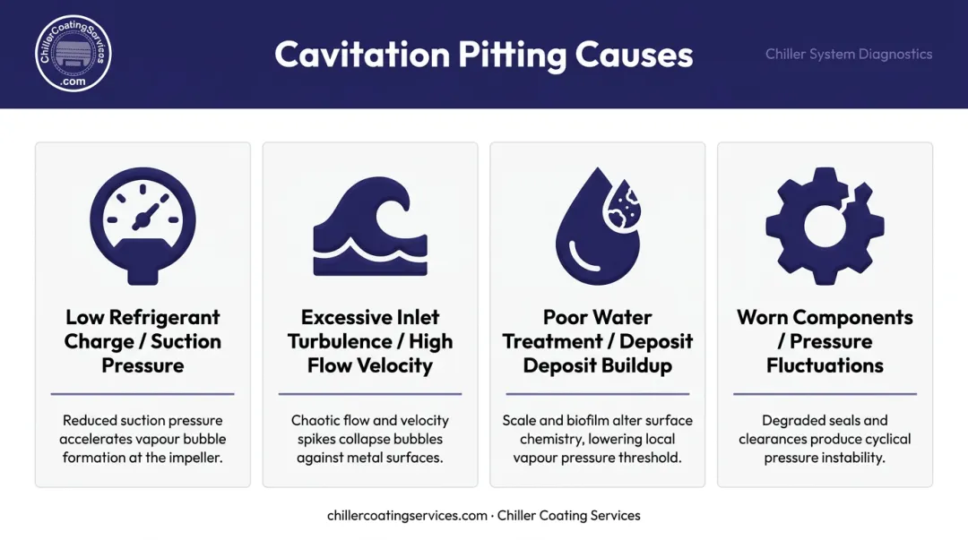 Four root causes of cavitation pitting in commercial chiller systems