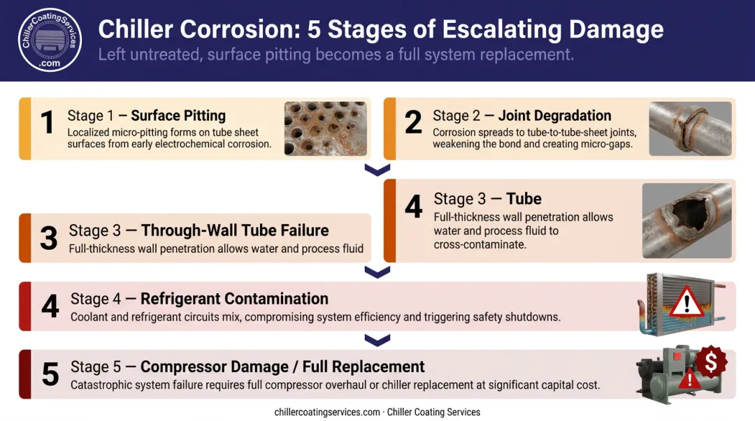 Five-stage cavitation pitting escalation path from surface pitting to chiller replacement
