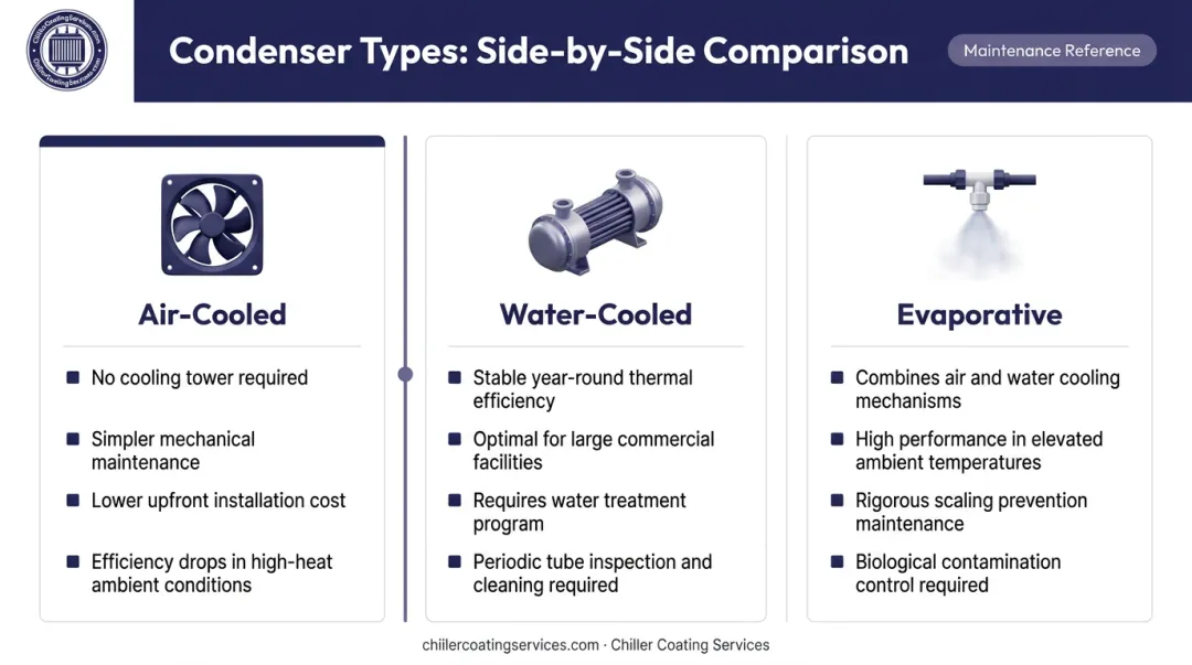 Three chiller condenser types air-cooled water-cooled evaporative side-by-side comparison
