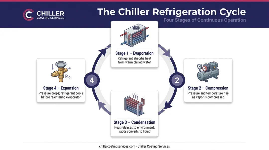 Four-stage chiller refrigeration cycle process flow diagram evaporation to expansion