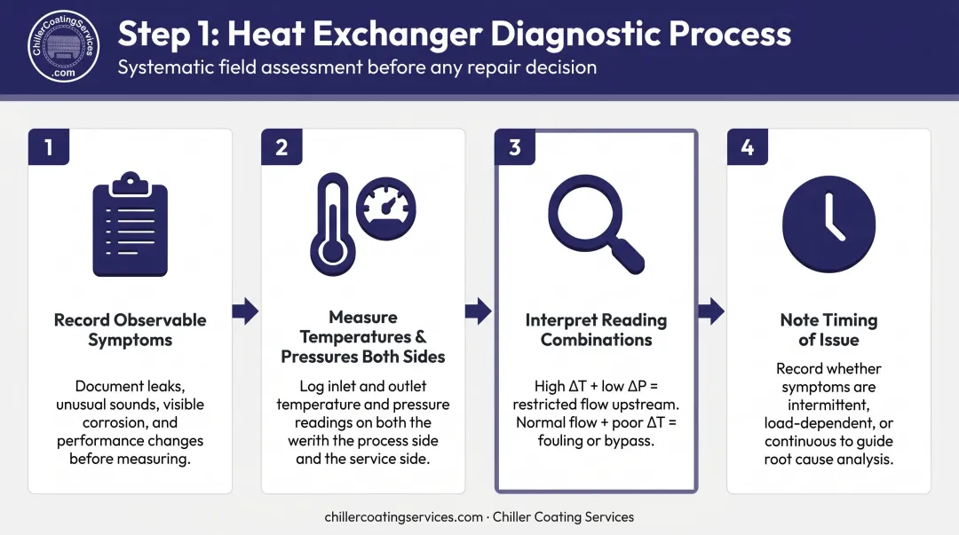 4-step shell and tube heat exchanger diagnostic troubleshooting process flow infographic