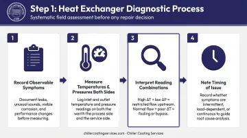 4-step shell and tube heat exchanger diagnostic troubleshooting process flow infographic