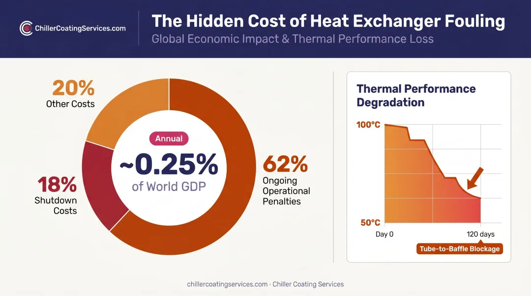 Fouling cost breakdown showing operational penalties shutdown costs and GDP impact statistics