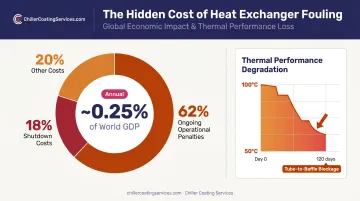 Fouling cost breakdown showing operational penalties shutdown costs and GDP impact statistics