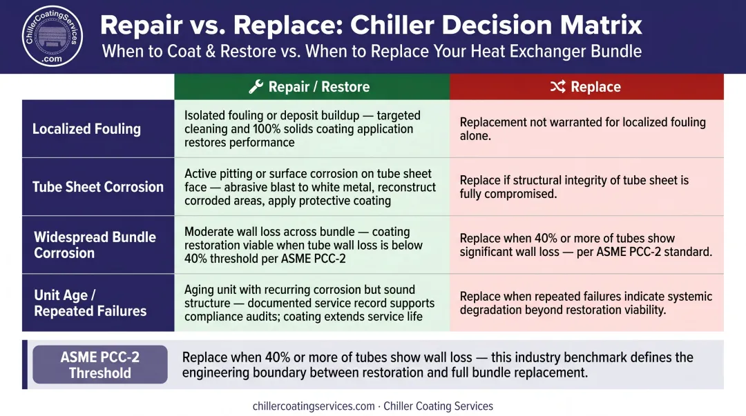 Repair versus replace heat exchanger decision matrix comparing four failure scenarios