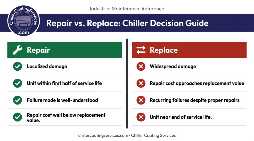 Repair versus replace heat exchanger decision framework side-by-side comparison infographic