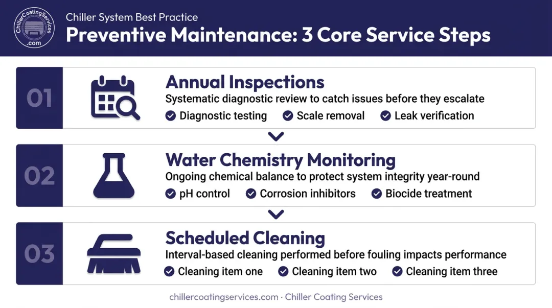 Three-step heat exchanger preventive maintenance program annual inspection water chemistry cleaning