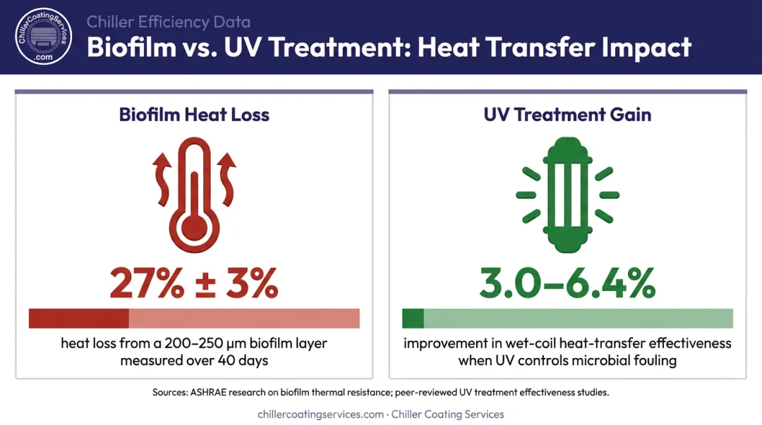 Biofilm heat transfer efficiency loss percentage comparison data visualization infographic