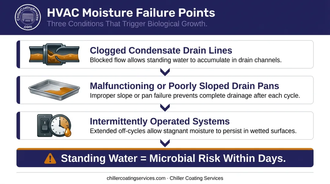 Three common HVAC moisture failure points leading to biological growth infographic