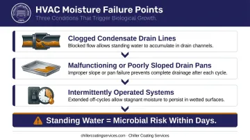 Three common HVAC moisture failure points leading to biological growth infographic
