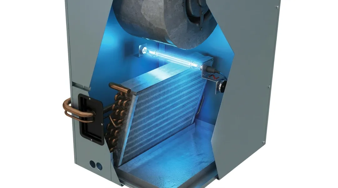 UV-C germicidal light system installed inside commercial air handling unit coil section