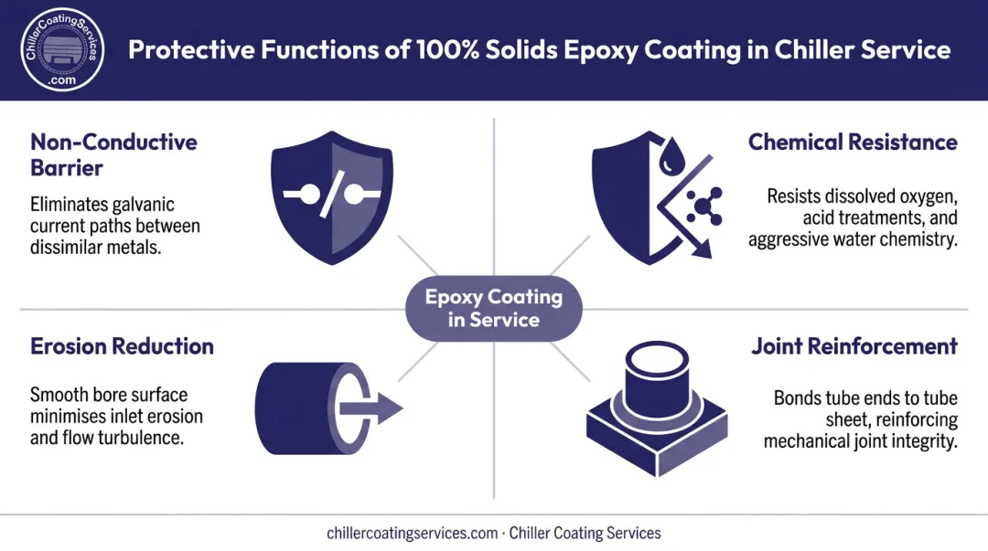 Four protective functions of 100% solids epoxy coating on chiller tube sheets