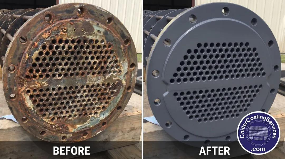 Chiller tube sheet and water box after 100 percent solids protective coating application