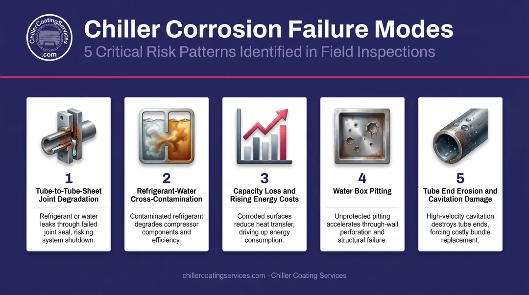 Five chiller corrosion failure modes from tube joint degradation to water box pitting