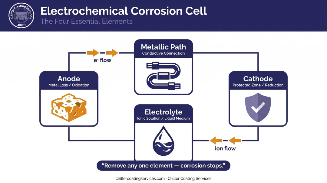 Four-element corrosion cell diagram showing anode cathode electrolyte and metallic path