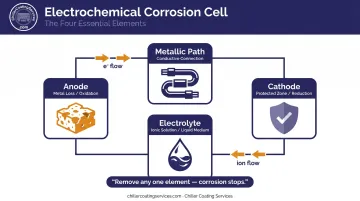 Four-element corrosion cell diagram showing anode cathode electrolyte and metallic path