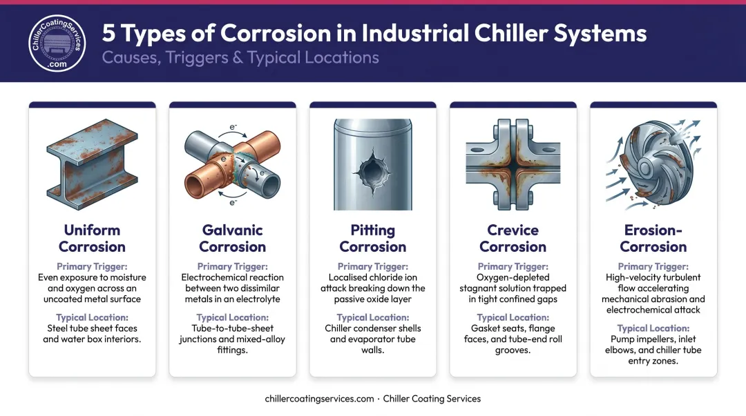 Five corrosion types comparison chart showing triggers locations and risk levels