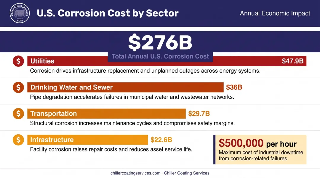 US corrosion cost breakdown by industry sector showing 276 billion annual losses