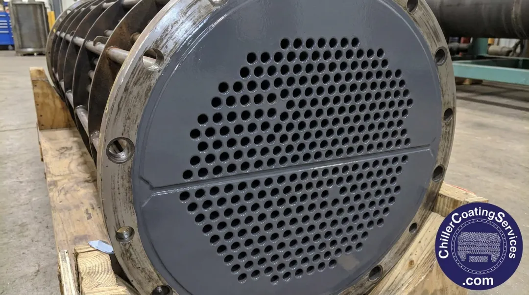 Chiller tube sheet with non-conductive epoxy barrier coating applied at tube junctions