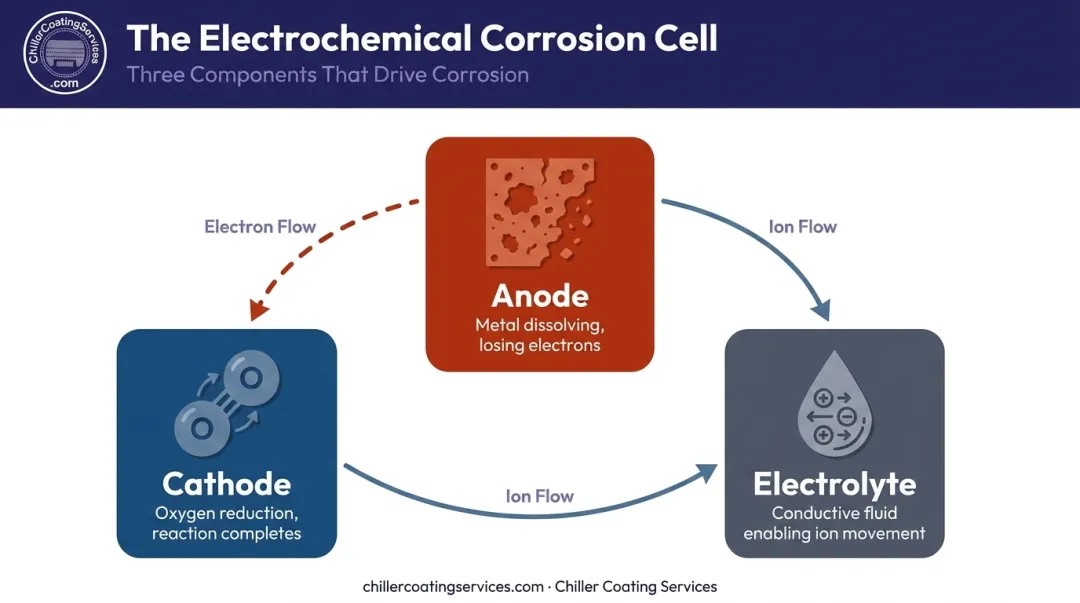 Three-element corrosion cell diagram showing anode cathode and electrolyte