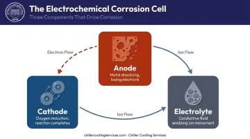Three-element corrosion cell diagram showing anode cathode and electrolyte