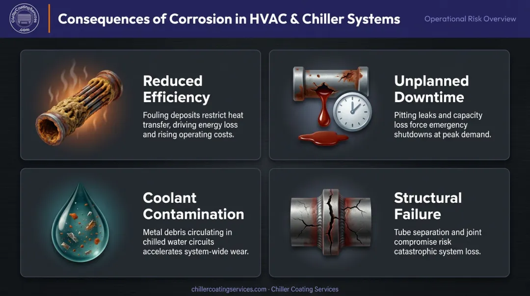 Four operational consequences of chiller corrosion including efficiency loss and downtime risks