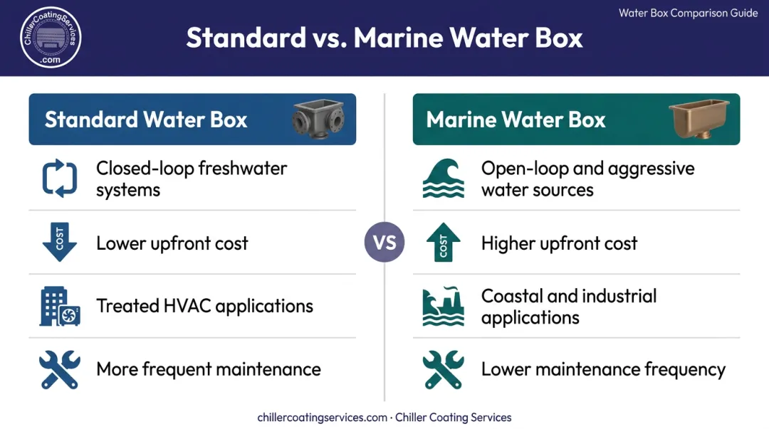 Marine versus standard chiller waterbox side-by-side comparison infographic