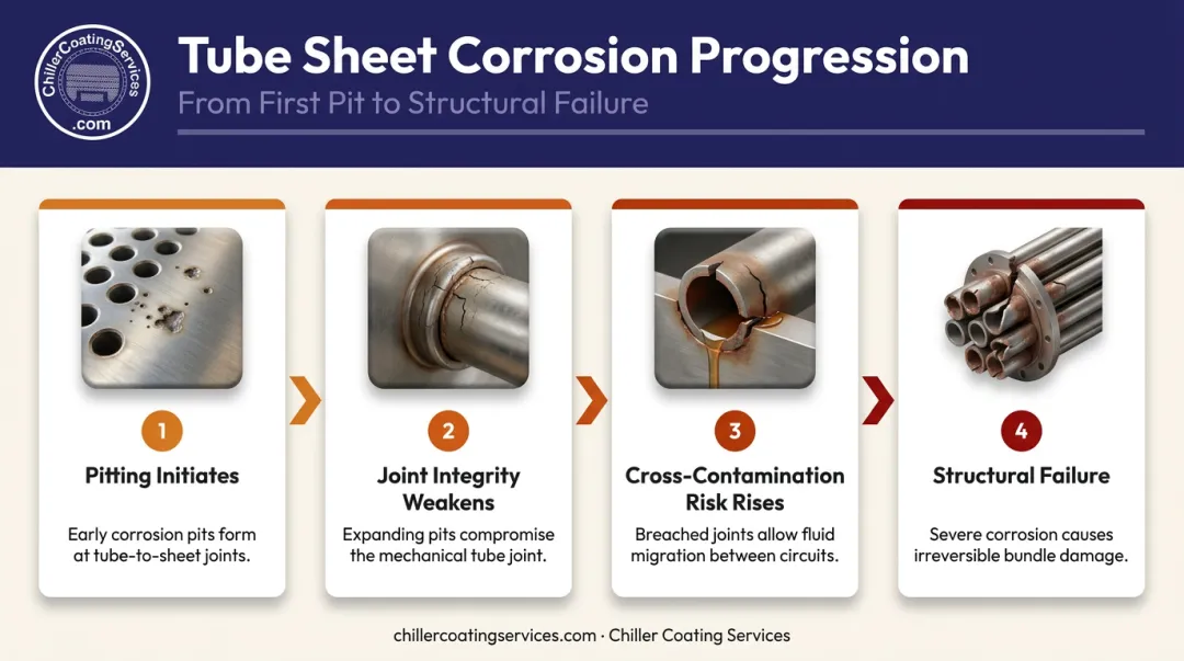 Four-stage galvanic corrosion progression at condenser tube sheet joints