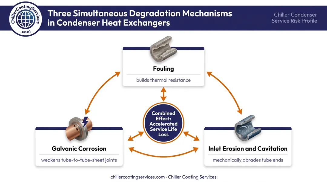 Three condenser degradation mechanisms fouling corrosion and erosion interaction diagram
