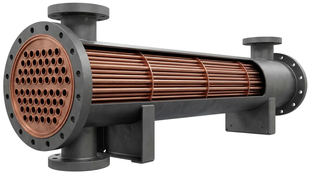 Industrial shell and tube heat exchanger condenser with copper tube bundle exposed