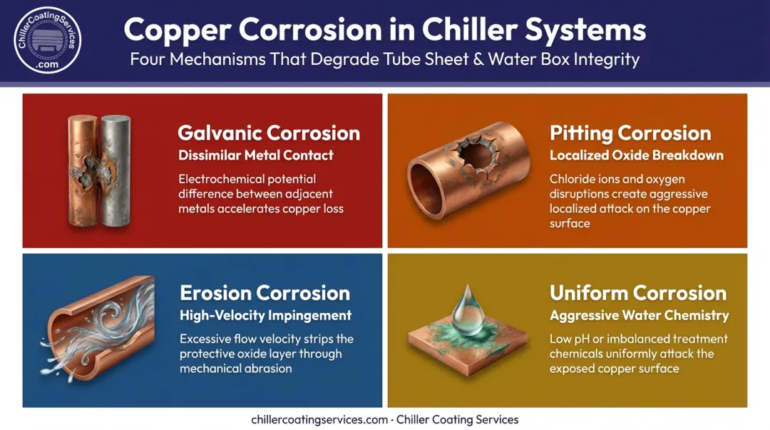 Four types of copper corrosion in chiller systems comparison infographic