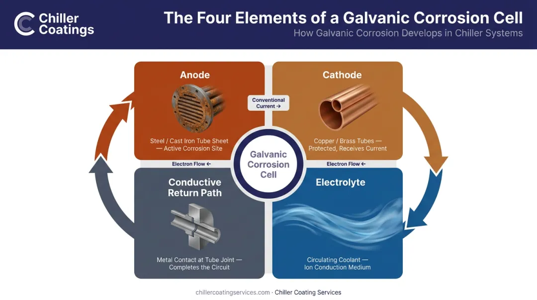 Galvanic corrosion cell diagram showing chiller tube sheet anode cathode electrolyte