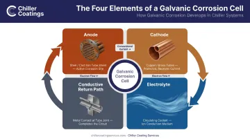 Galvanic corrosion cell diagram showing chiller tube sheet anode cathode electrolyte