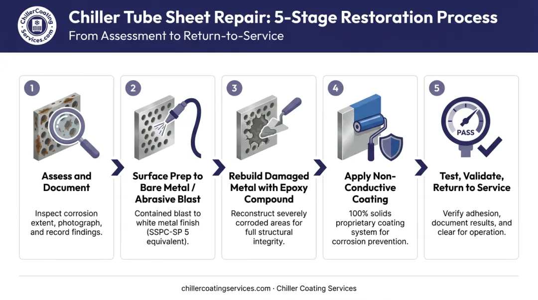 5-step chiller tube sheet galvanic corrosion repair process flow infographic