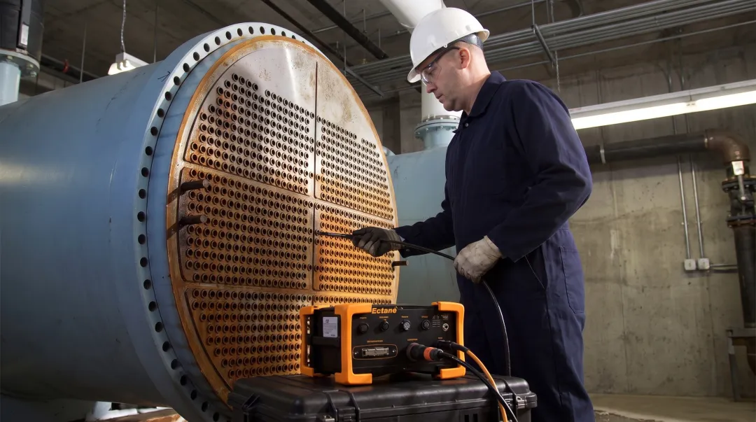 Chiller tube sheet inspection showing technician examining tube bundle and joints