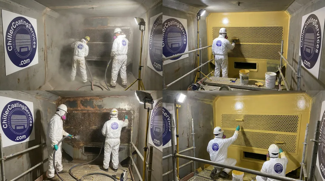 Chiller tube sheet coating restoration process showing abrasive blasting and protective coating application