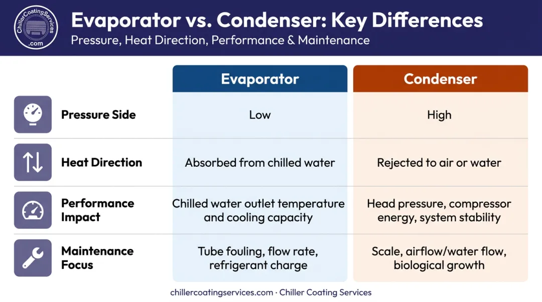 Evaporator versus condenser chiller performance comparison side-by-side breakdown infographic