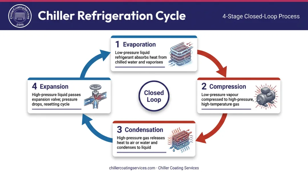 4-stage chiller refrigeration cycle process flow evaporator to condenser