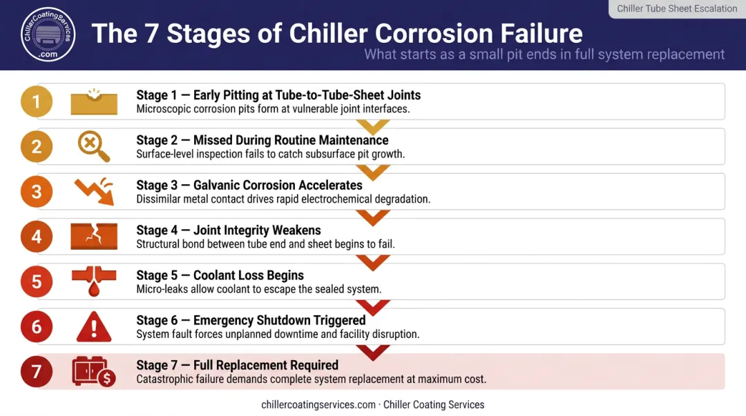 7-stage chiller corrosion escalation sequence from early pitting to full replacement