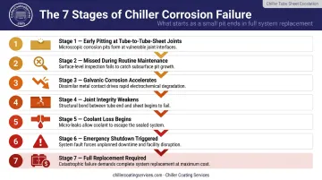 7-stage chiller corrosion escalation sequence from early pitting to full replacement
