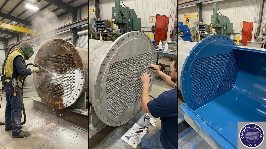 Chiller tube sheet epoxy coating application showing three-step surface preparation and coating process