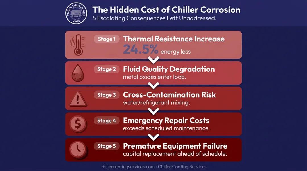 Five escalating consequences of ignored chiller pipe corrosion failure chain