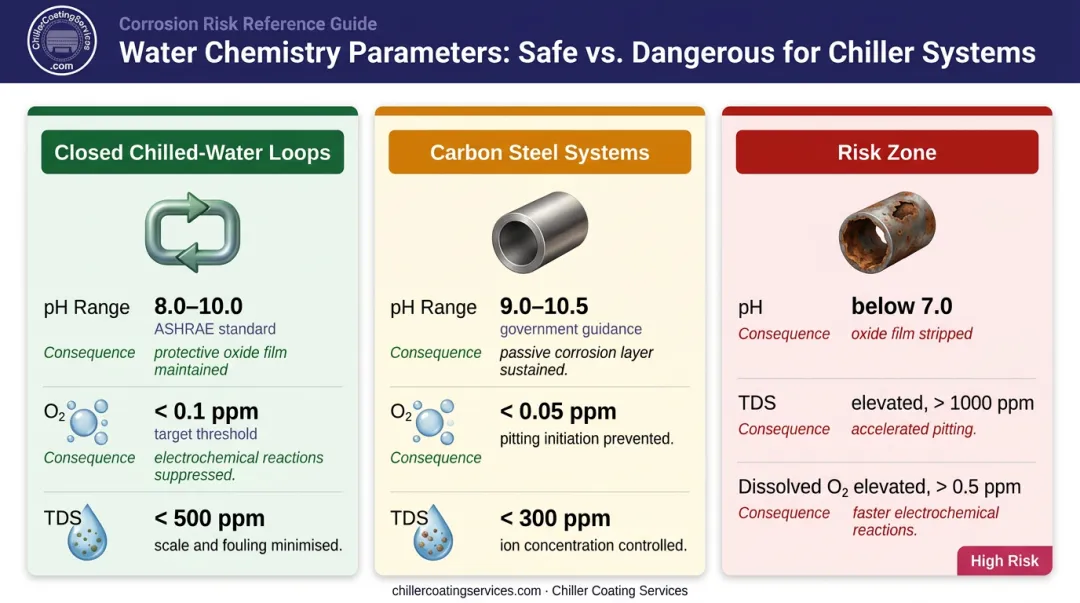 Chiller water chemistry pH ranges and corrosion risk comparison infographic