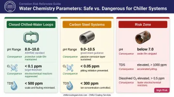 Chiller water chemistry pH ranges and corrosion risk comparison infographic