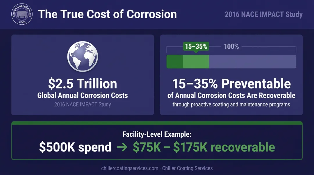 Global corrosion cost statistics showing 2.5 trillion annual impact and preventable savings percentage