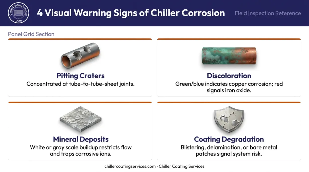 Four visual warning signs of chiller electrolytic corrosion inspection findings infographic