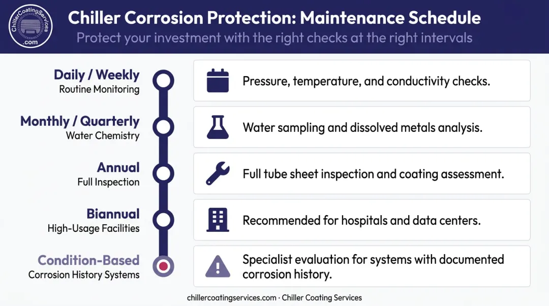 Chiller corrosion protection maintenance schedule timeline from daily to condition-based intervals