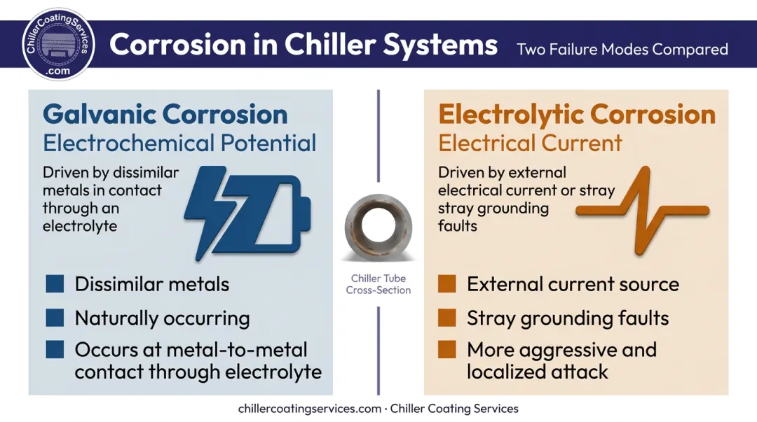 Galvanic versus electrolytic corrosion comparison infographic for chiller systems